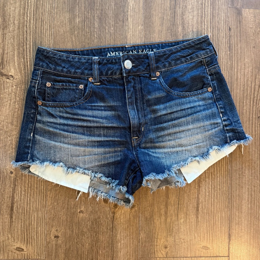 American Eagle Hi-Rise Festival Shorts Womens 6 Dark Wash Denim Frayed Raw Hem